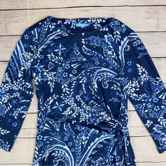 J. McLaughlin Women's Blue Paisley Midi Dress with Boat Neck and 3/4 Sleeves XS - Picture 3 of 7